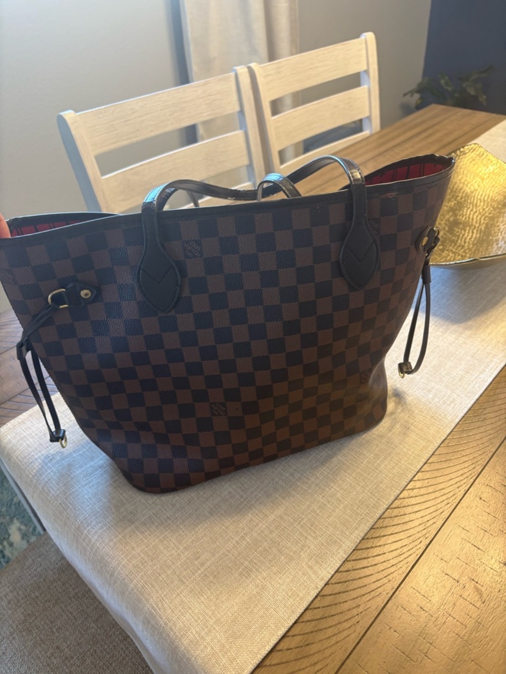 Louis Vuitton Brown Damier Ebene Tote with Red Interior - Picture 3 of 8